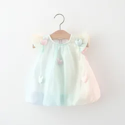 Summer Baby Girl Dress Girl's Five Three Dimensional Love Colored Pearl Yarn Little Flying Sleeves Princess Dress