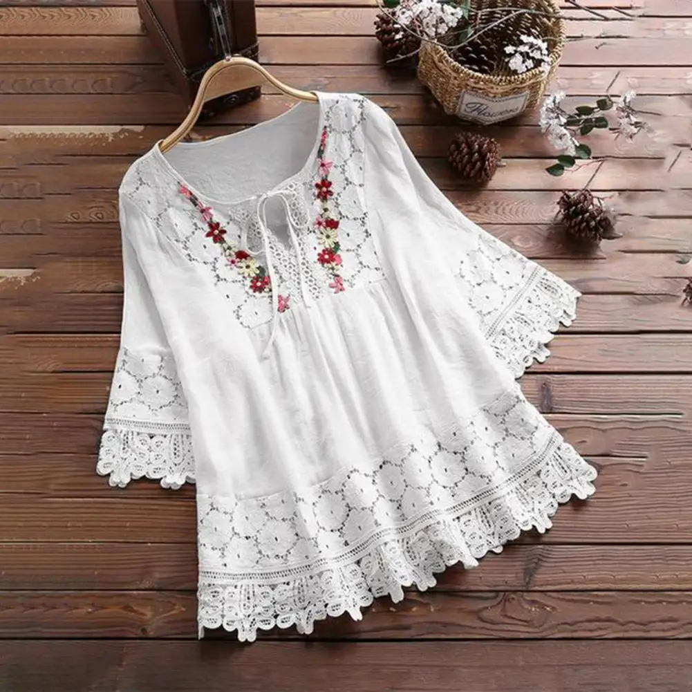 2022 Women\'s Lace Crochet Blouse Elegant Embroidery Tops Hollow Lace Up Shirts Female Hollow Blusas Chemise