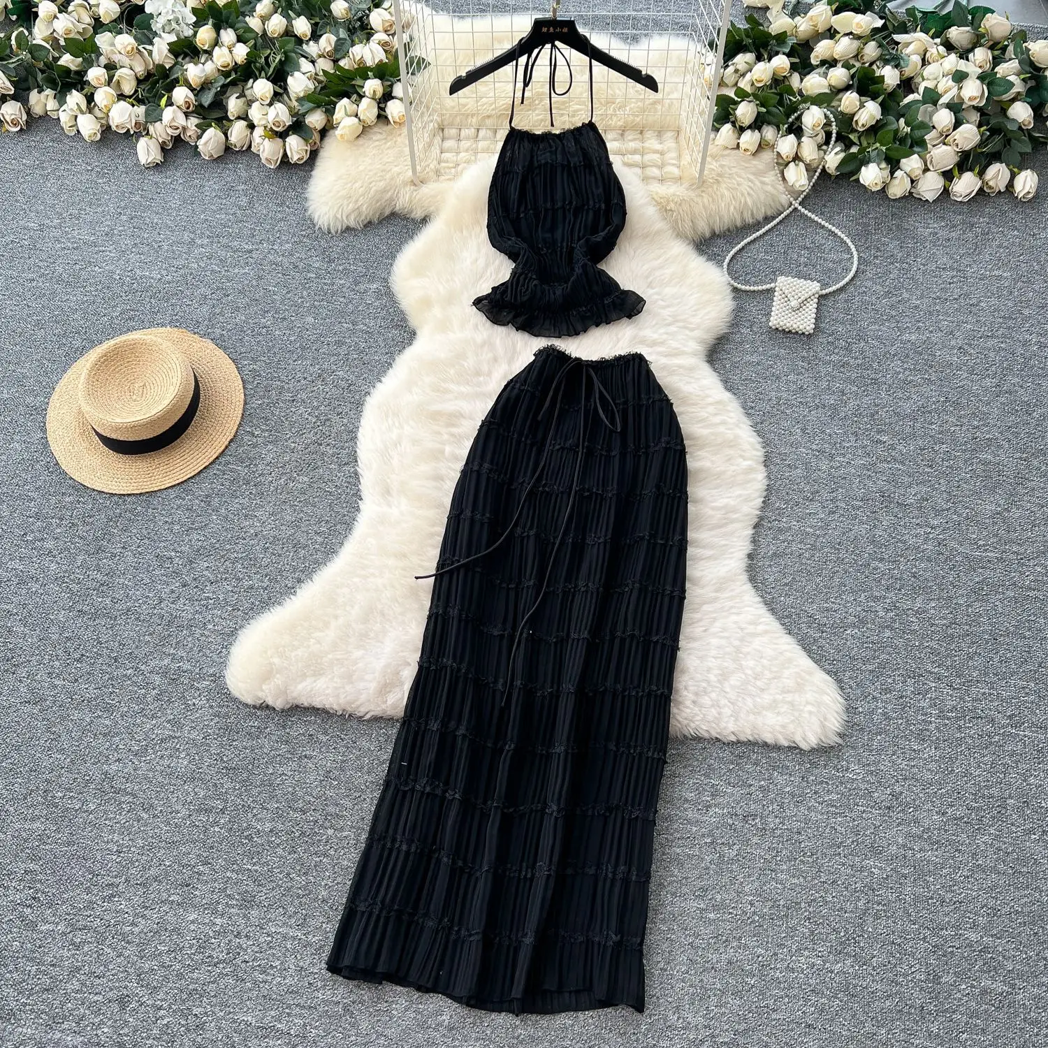 

Летние новые модные женские повседневные модные однотонные комплекты из 2 предметов, тонкий плиссированный жилет на подтяжках, тонкие юбки с высокой талией для праздника