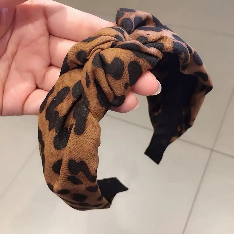 Lazo con estampado de leopardo para mujer, accesorios para el cabello de tela de Boutique, diadema anudada de ala ancha con contraste de Color sólido