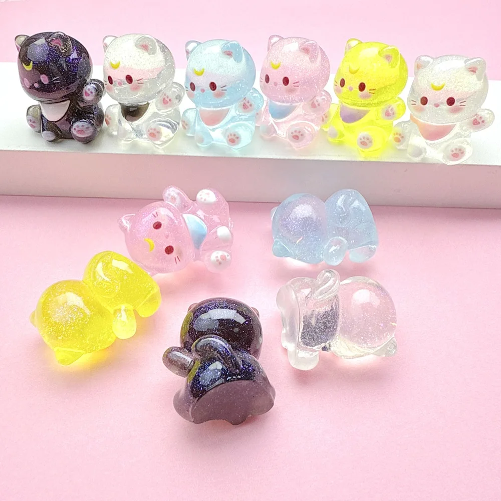 10pcs Glitter Transparent Moon Cat Resin Cabochons Flatback DIY Handmade Hair Bow Accessories Shower Decoration Center Crafts