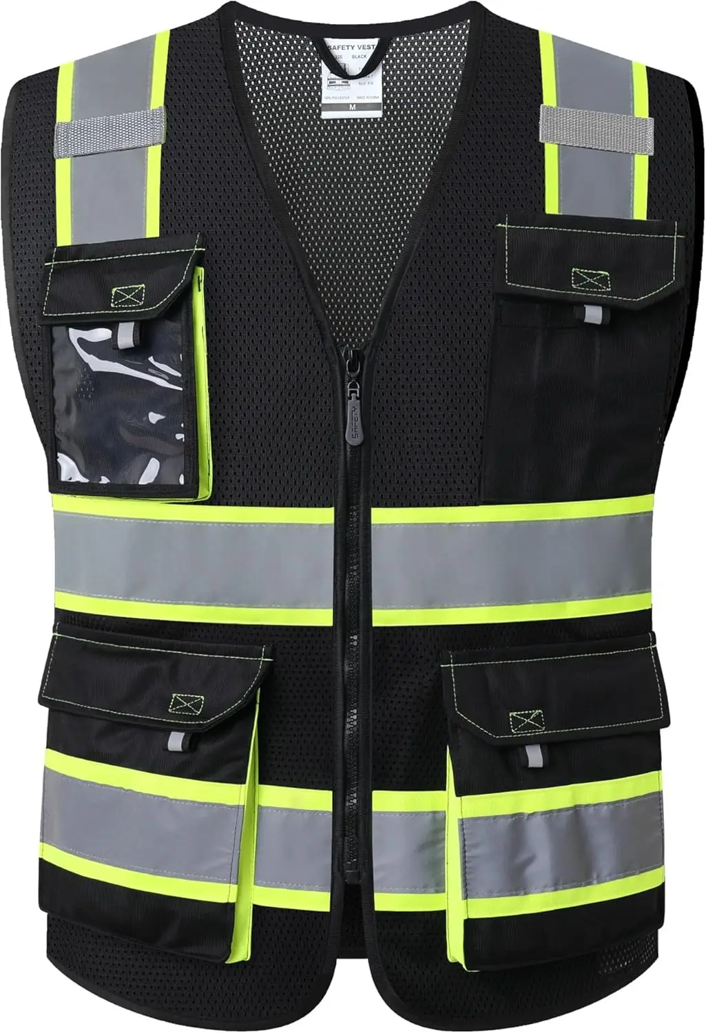 

High Visibility Safety Vest with Pockets, Mesh Fabric for Men and Women - Neon Work Apparel (Black, Large)