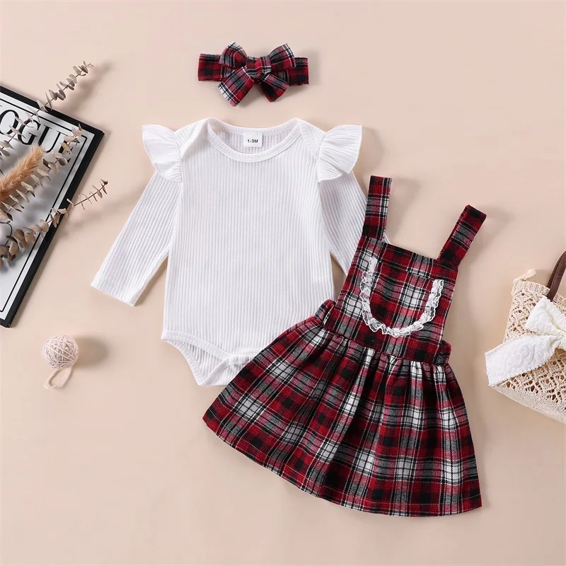 

Suefunskry Baby Girls Fall Outfit Long Sleeve Romper and Plaid Print Suspender Skirt Cute Headband 3 Piece Clothes