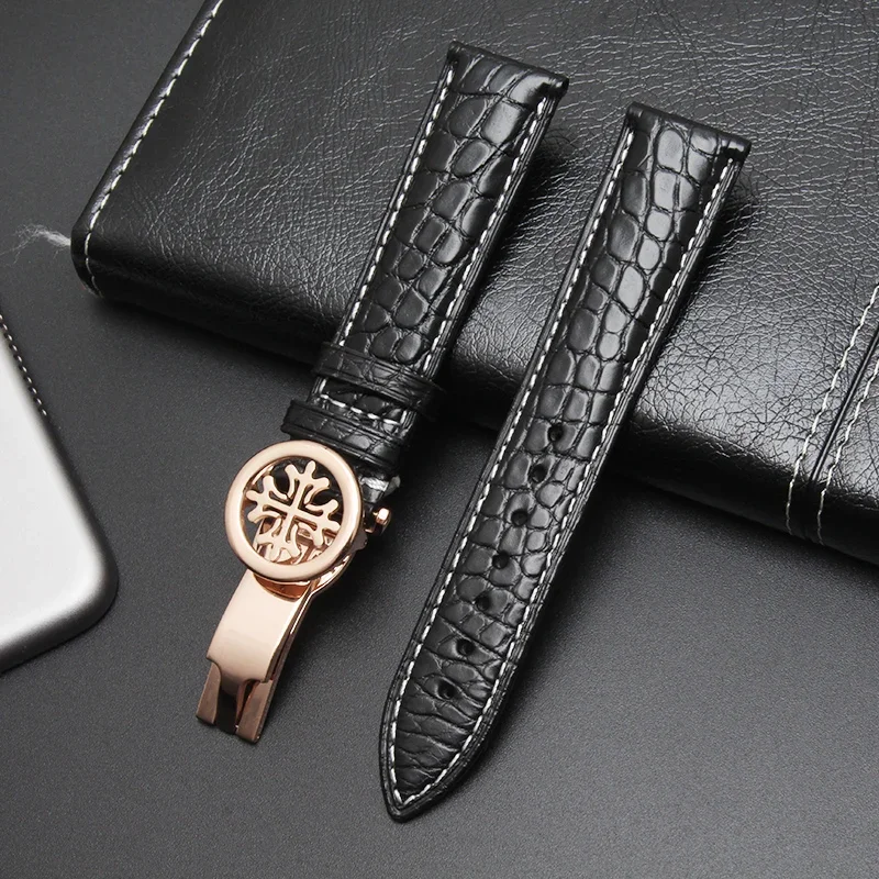 สายหนังจระเข้สีดำ19มม. 20มม. 21มม. 22มม. 24มม. ตะขอพับ PP เหมาะสำหรับนาฬิกา Patek Philippe