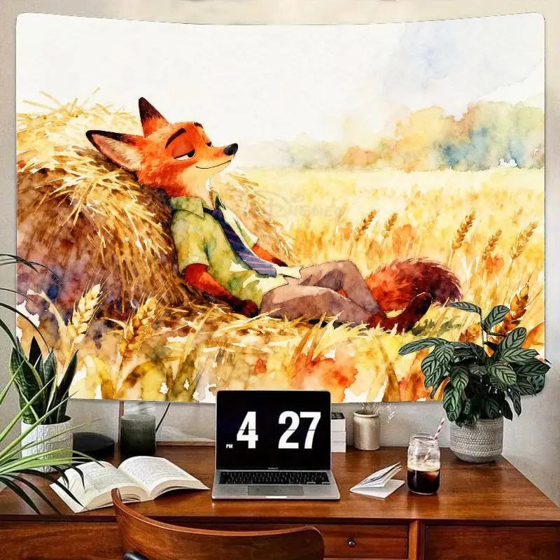 

1 шт., гобелен Disney Zootopia Nick Wilde, акварель, лиса, сено, поле, настенное искусство для эстетического декора комнаты, подарок для фанатов