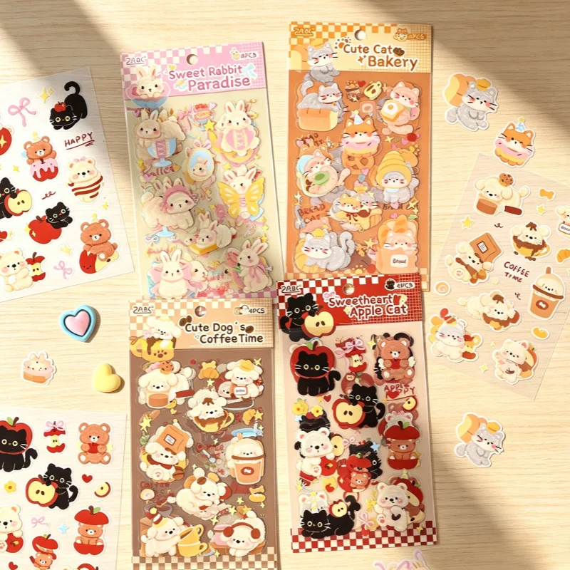 4 Sheets/pack PET Sticker Set Adorable Pet Tea Party for Children's Journaling Material Diary Craft Supplies Waterproof