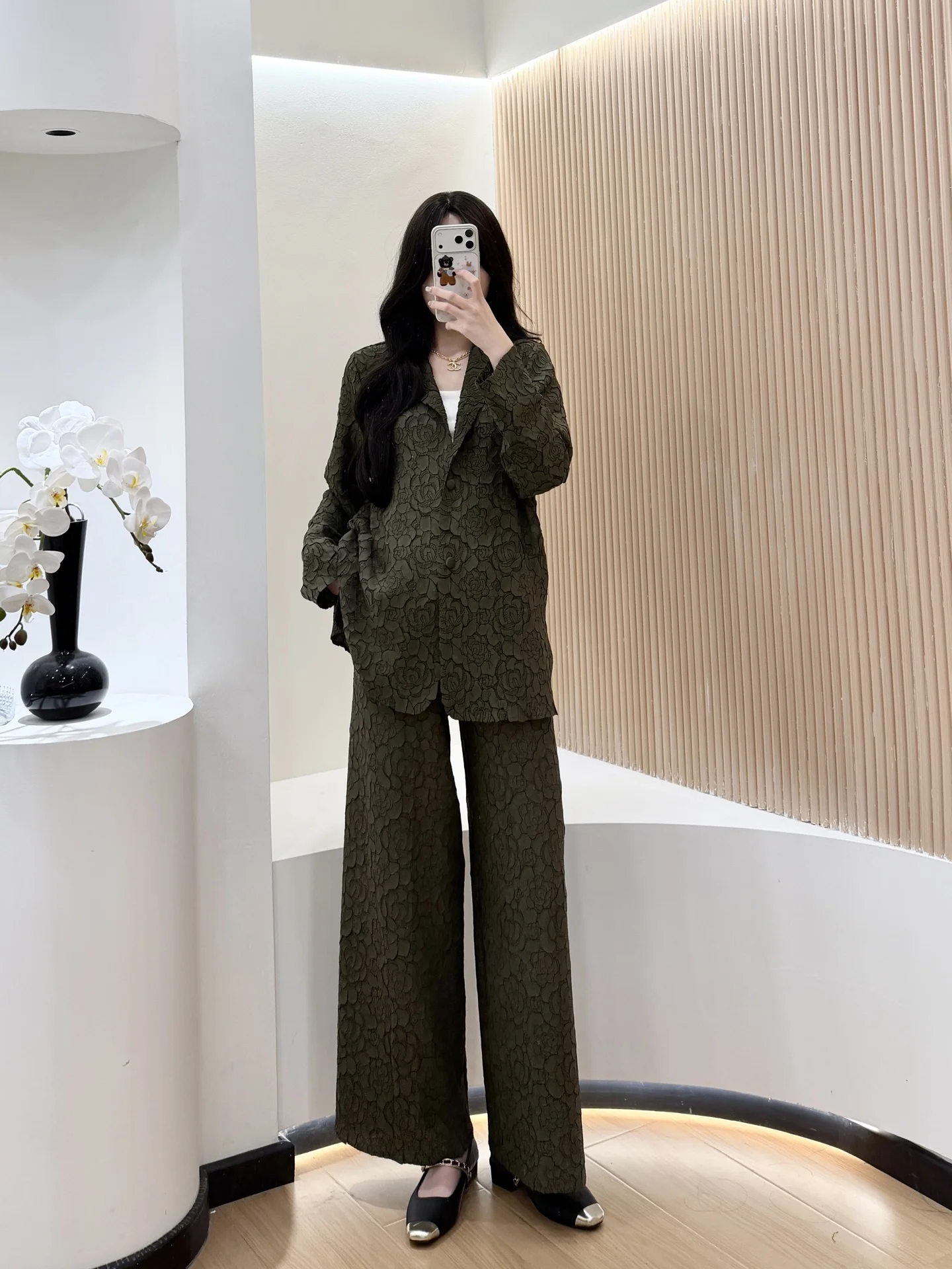 Women's Camel Rose Pattern Textured Blazer Lapel Long-Sleeve & Wide-Leg Pants 2-Piece Set Elegant Fashion Daily Wear Trendy Chic