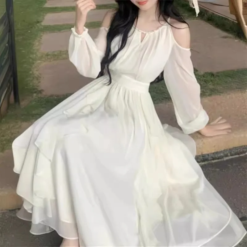 

Off-the-Shoulder Halterneck Cinched Waist Fairy White Long-Sleeved Dress