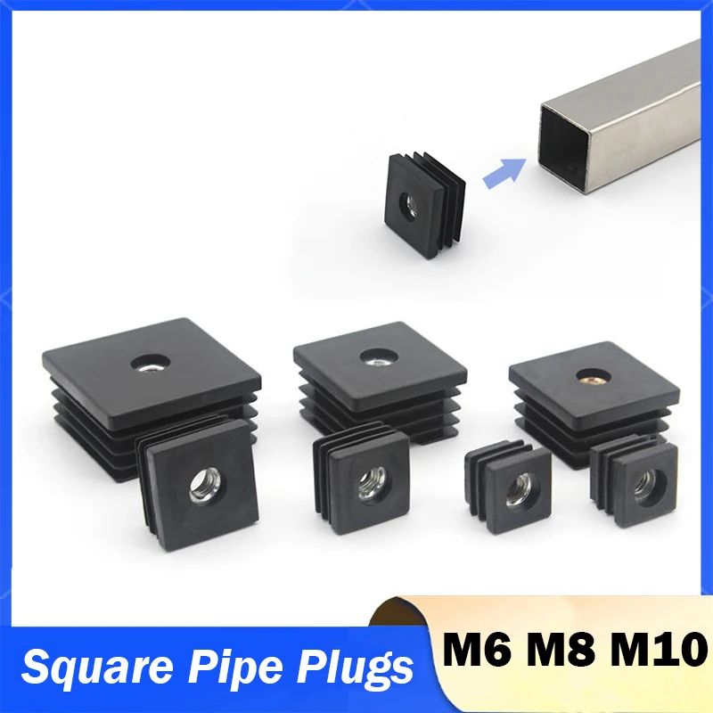 5/10pcs M6 M8 M10 Black Square Plastic Pipe Furniture Table Chair Leg Feet Pad 15/16/19/20/25/30mm Hole Plugs with Nut Hole