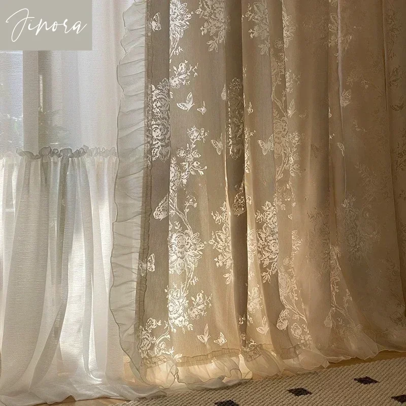 French Butterfly Romantic Hollow Embroidery Tulle Sheer Curtains For Living Room Bedroom Dining Beige Blackout Princess Custom