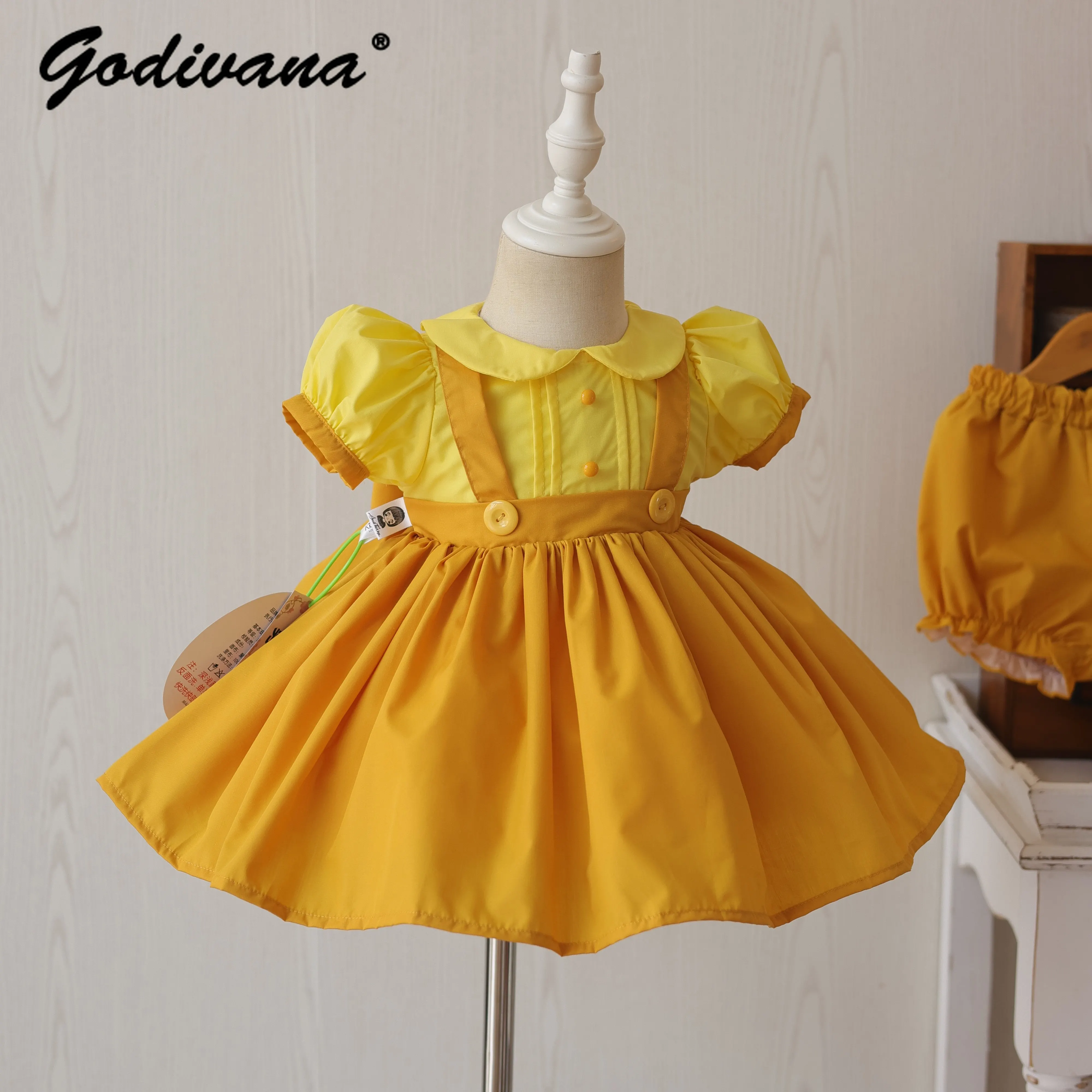 Original Baby Girls Cute Cartoon Cosplay Dress Kids Spring New Yellow Doll Collar Puff Sleeve High Waist Daily Princess Dress