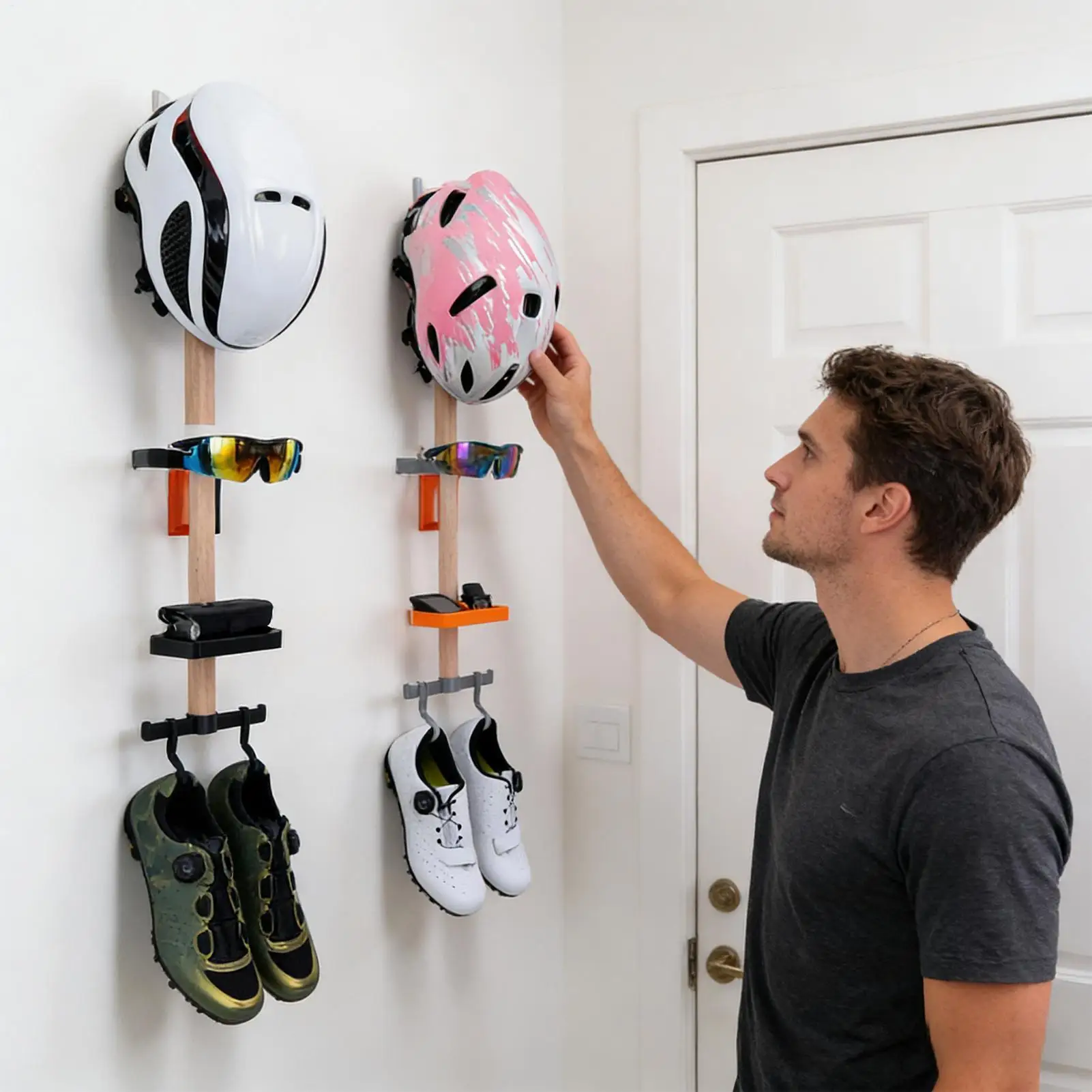 

Vertical Cycling Gear Organizer Rack, Wall Mounted Holder For Bike Accessories, Helmet, Glasses, Cleans Up Home Garage Workshop
