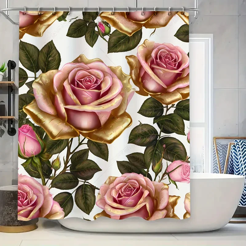 

Luxurious Pink Rose Flower Bath Shower CurtainDecorate Your Bathroom with This Beautiful Floral Pattern Waterproof Fabric for a