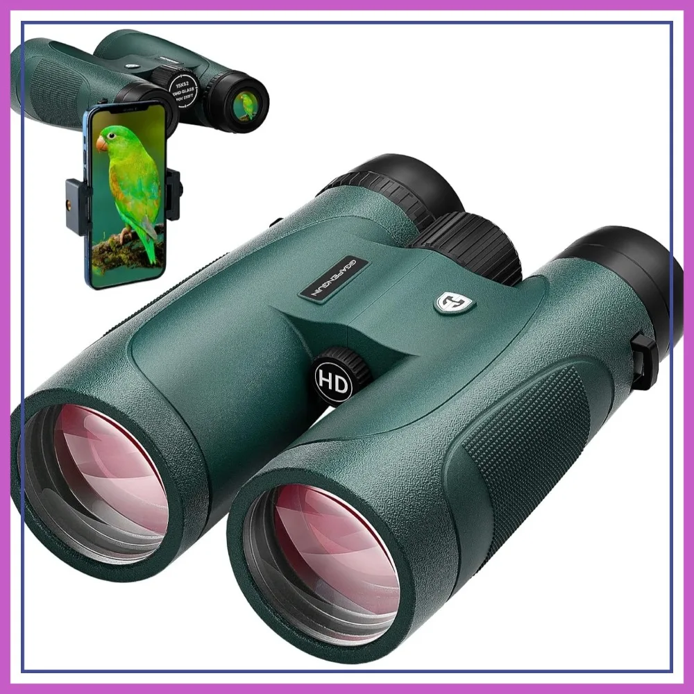 

15x52 HD Binoculars for Adults with Phone Adapter - Waterproof, Low Light Vision