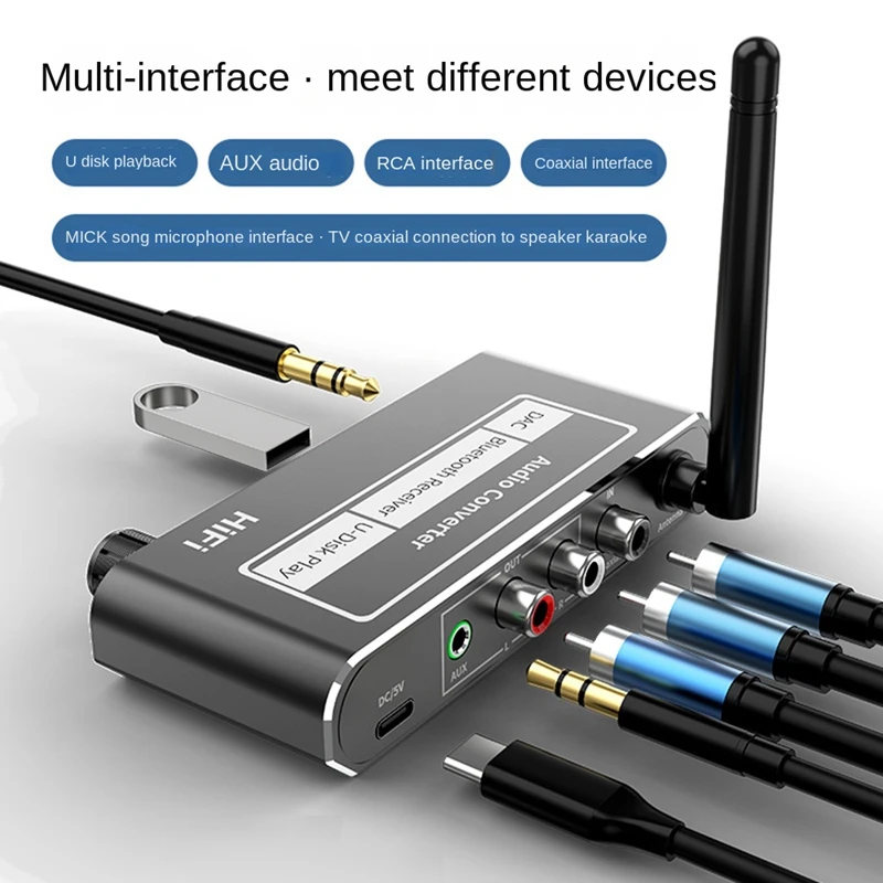 Wireless HIFI DAC Converter Bluetooth 5.2 Receiver Audio Coaxial To R/L 3.5Mm Aux Adapter with U Disk Play Mic