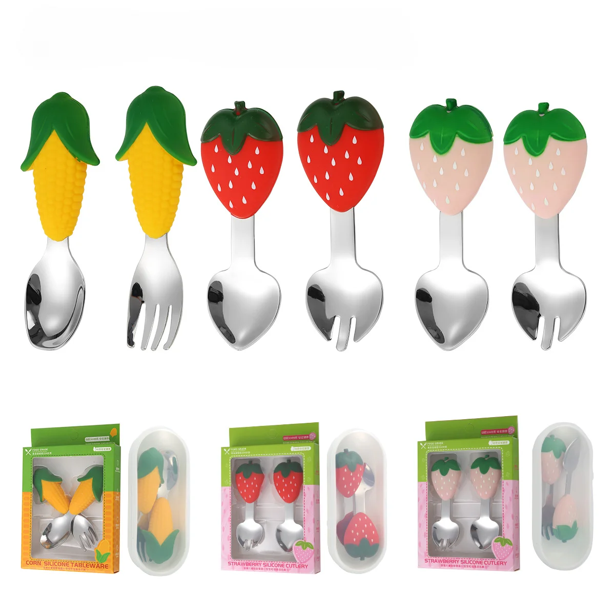 

Food Grade Ins Style Silicone Tableware Spoon and Fork Set Food Spoon Fork Cute Fruit Shape Tableware Cutlery Set