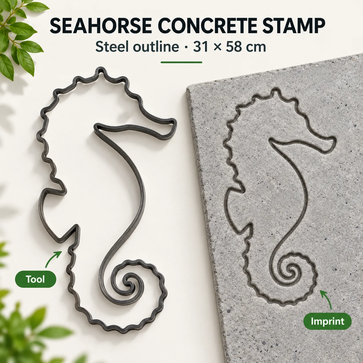 Concrete Molds Seahorse Stamp 31x58cm, Reusable Steel Cement Imprint Mold for Garden Patio