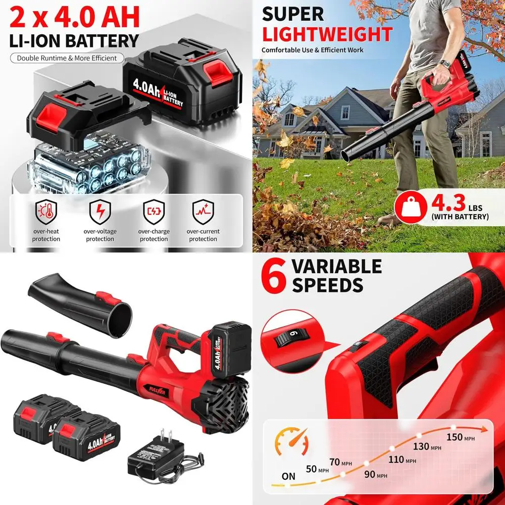 

6-скоростной аккумуляторный вентилятор для листьев, 500 куб. футов/150 миль в час, 3 трубки и аккумуляторы емкостью 2x4,0 Ач для уборки двора, патио и гаража