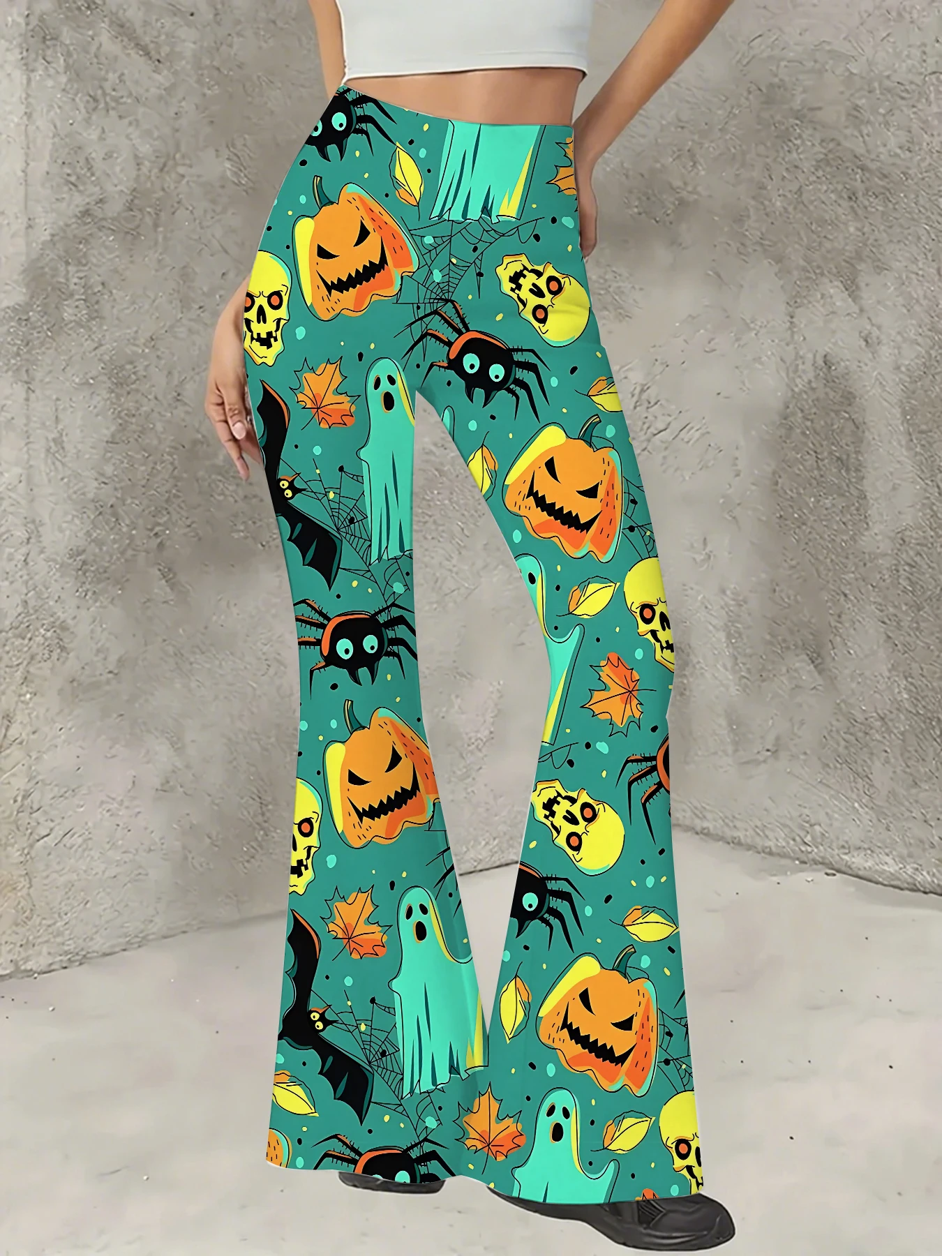 

Women's Boho Printed Flare Pants Vintage Knit High Waist Wide Leg Trousers