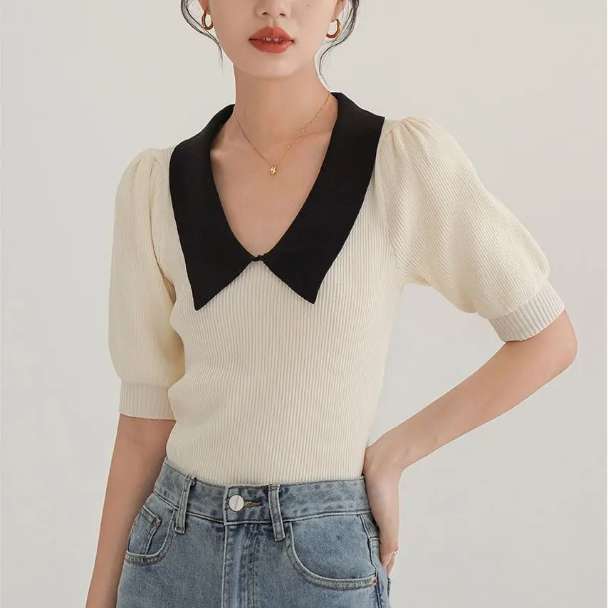 Vintage Women's Knitted Top Summer Slimming Stylish Base Layer Polo Neck Pullover Fashion Contrast Color Outwear Clothing Z441