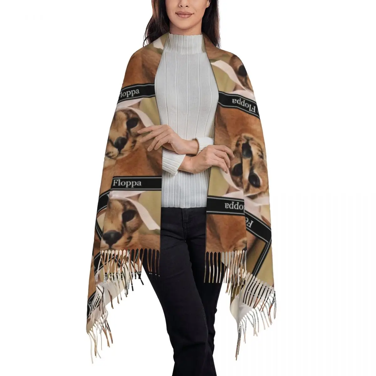 Femboy Big Floppa Design Scarf Tassel Scarves for Women Soft Warm Shawls and Wraps Long Fall Winter Shawl Wrap