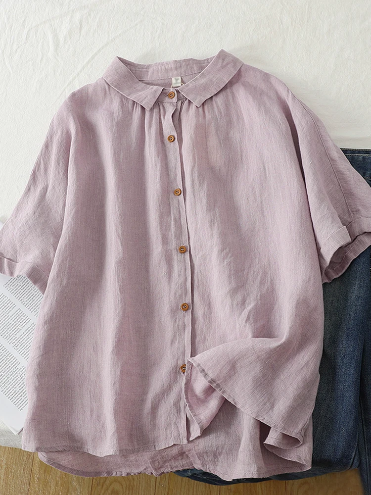 Japanese Style Loose Fit Cotton Linen Short Sleeve Shirt Women's Artistic Casual Baby Doll Collar Top Pure Color Streetwear