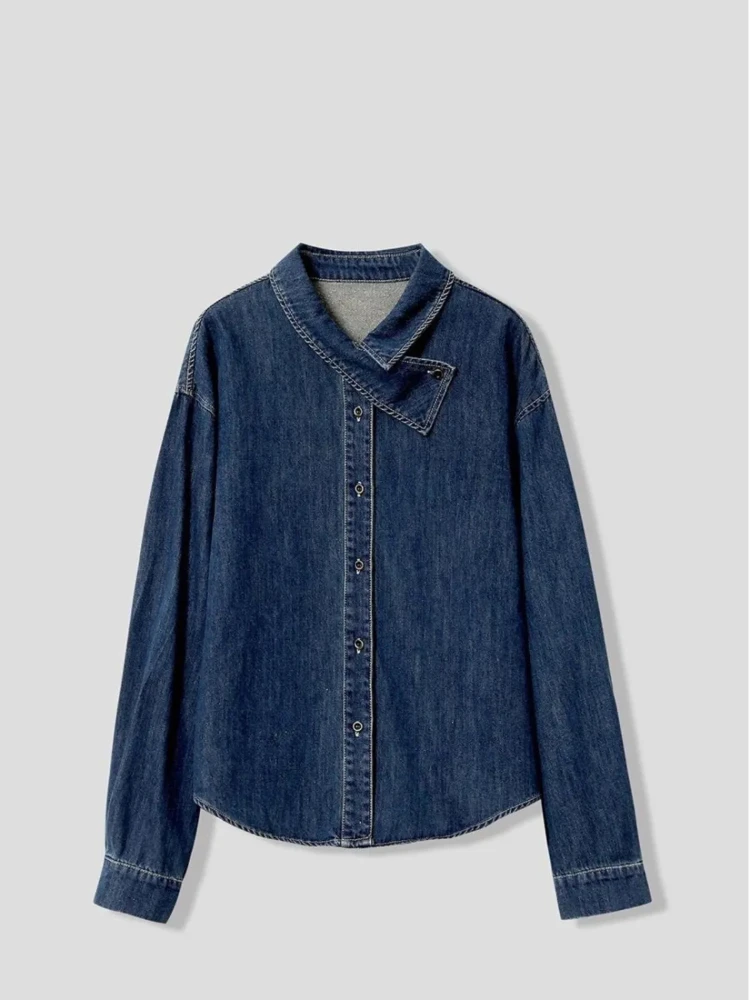 Vintage strukturalna koszula dżinsowa na ramię damska kamizelka z dzianiny Retro butikowa bluzka minimalistyczna odzież codzienna