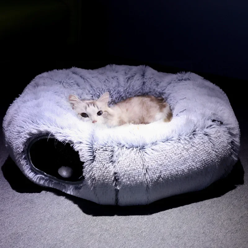 

Plush Pets Cat Kennel Gray Foldable Round Cats Nest Crossing Tunnel Bed Winter Warm Collapsible Basket Cushion Mat Pet Supplies