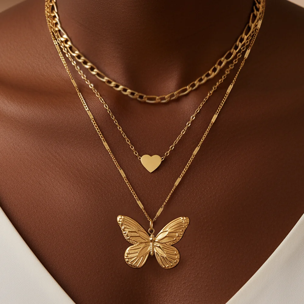 Stainless Steel Fashion Butterfly Heart Pendant Multi-Layer Layered Necklace For Women - Exquisite And Elegant Collarbone Chain