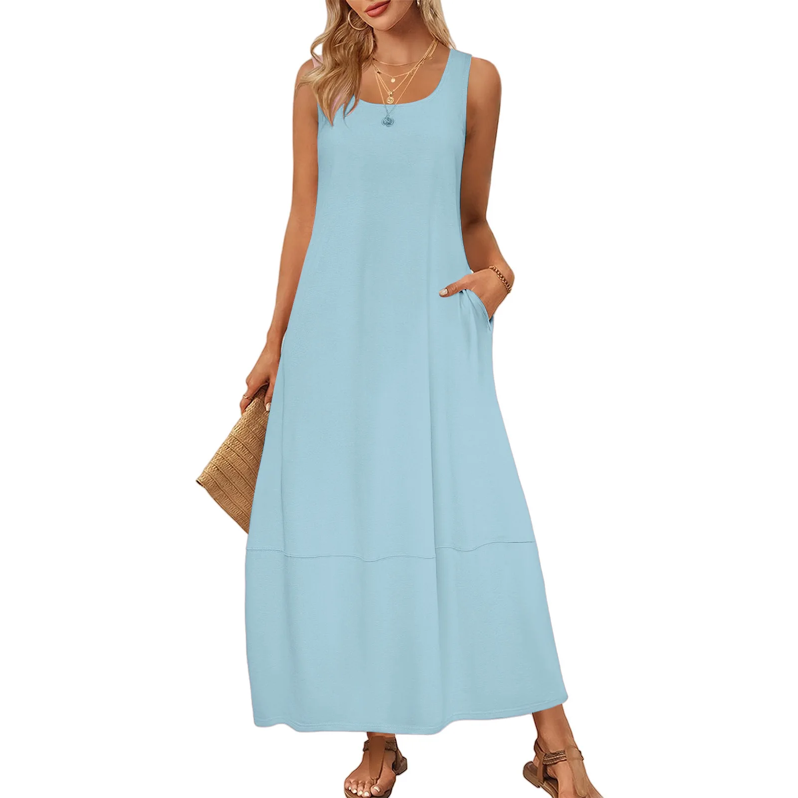 2026 Frühling Sommer Neues Elegantes Damen-Midikleid Ärmellos Einfarbig U-Ausschnitt Freizeitkleid Damen Party Club Kleidung Mit Tasche – Detail 9