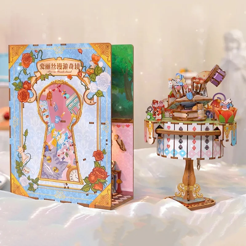 3D Wooden Puzzle Book Nook Princess in Wonderland Music Box Miniature Model Kits Jigsaw Puzzles for Friends Birthday Gifts