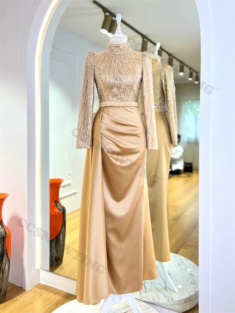 Satin Long Sleeve Muslim Evening Dresses Appliques Beaded Islamic Formal Party Gowns High Neck Women Arabic Robes De Soirée