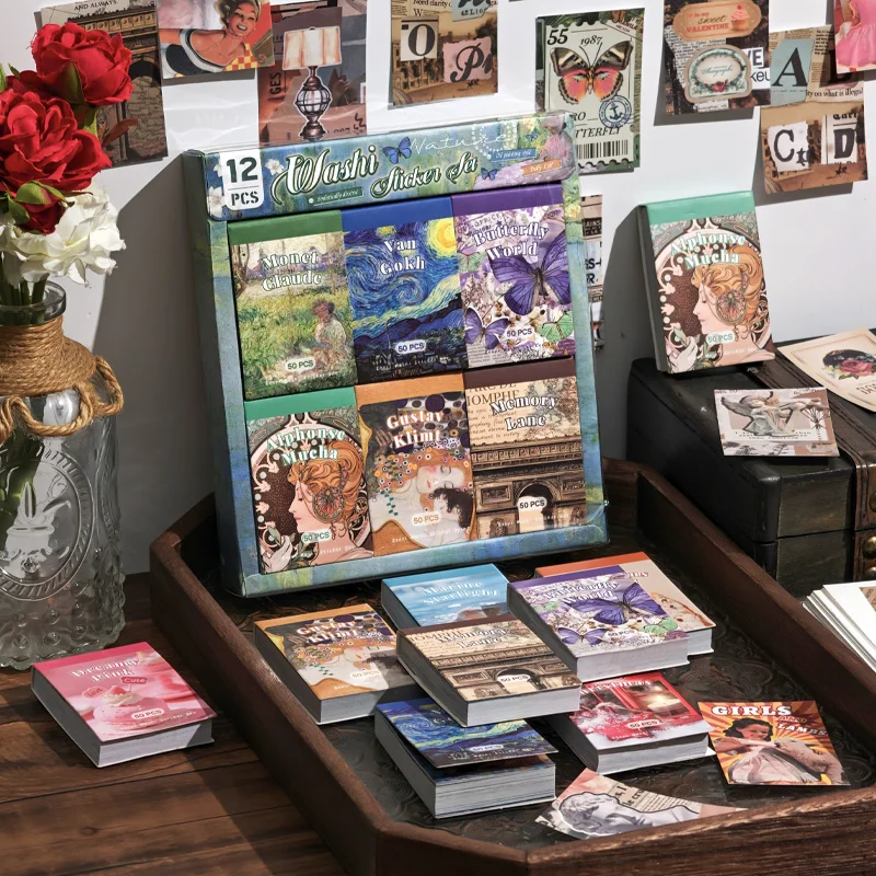 

A Box of 12 Vintage Oil Painting Style Washi Paper Sticker Books, DIY Journal Background Material Collage, Mini Sticker Material, 50 Non-Repeating Sheets with Adhesive