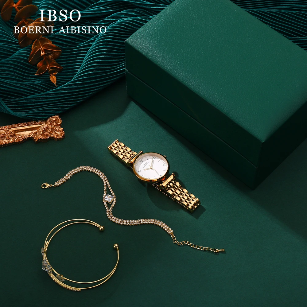 IBSO 2023 New Women Green Watch Set Japanese Quartz Movement Luminous Hands Ladies Watch Sets Waterproof Luxury Jewelry Hot Set