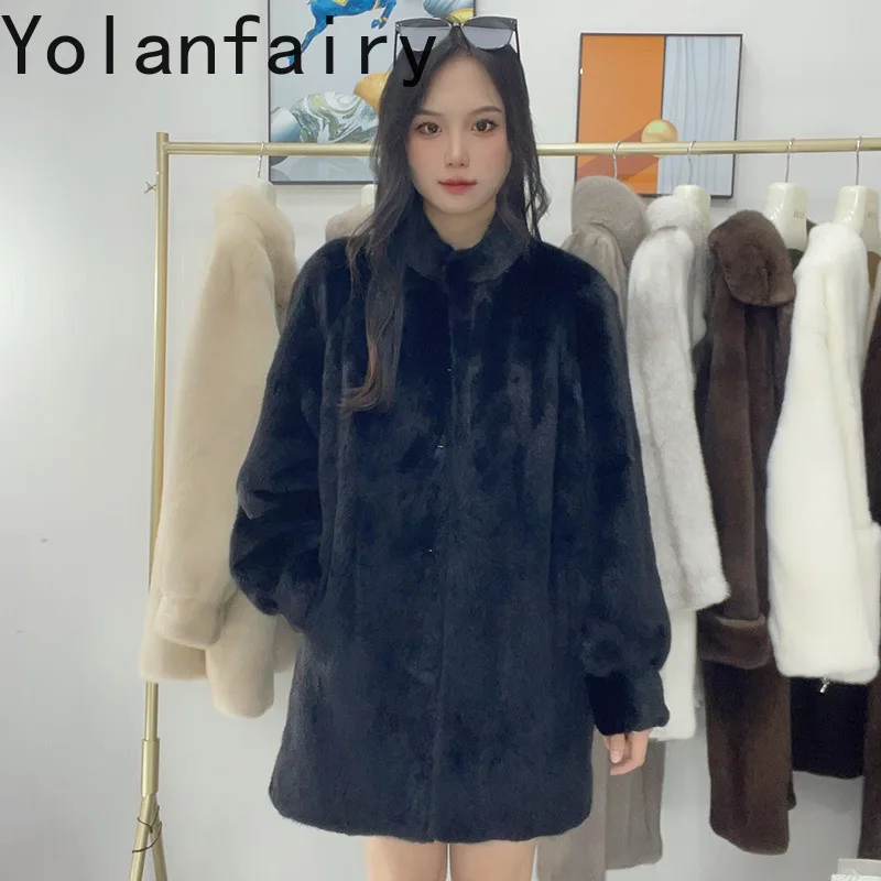 YOLANFAIRY الفاخرة الشتاء معطف الفرو الطبيعي امرأة كاملة فرو المنك سترة المرأة منتصف طول أنيقة الدافئة فرو المنك معاطف الوقوف طوق
