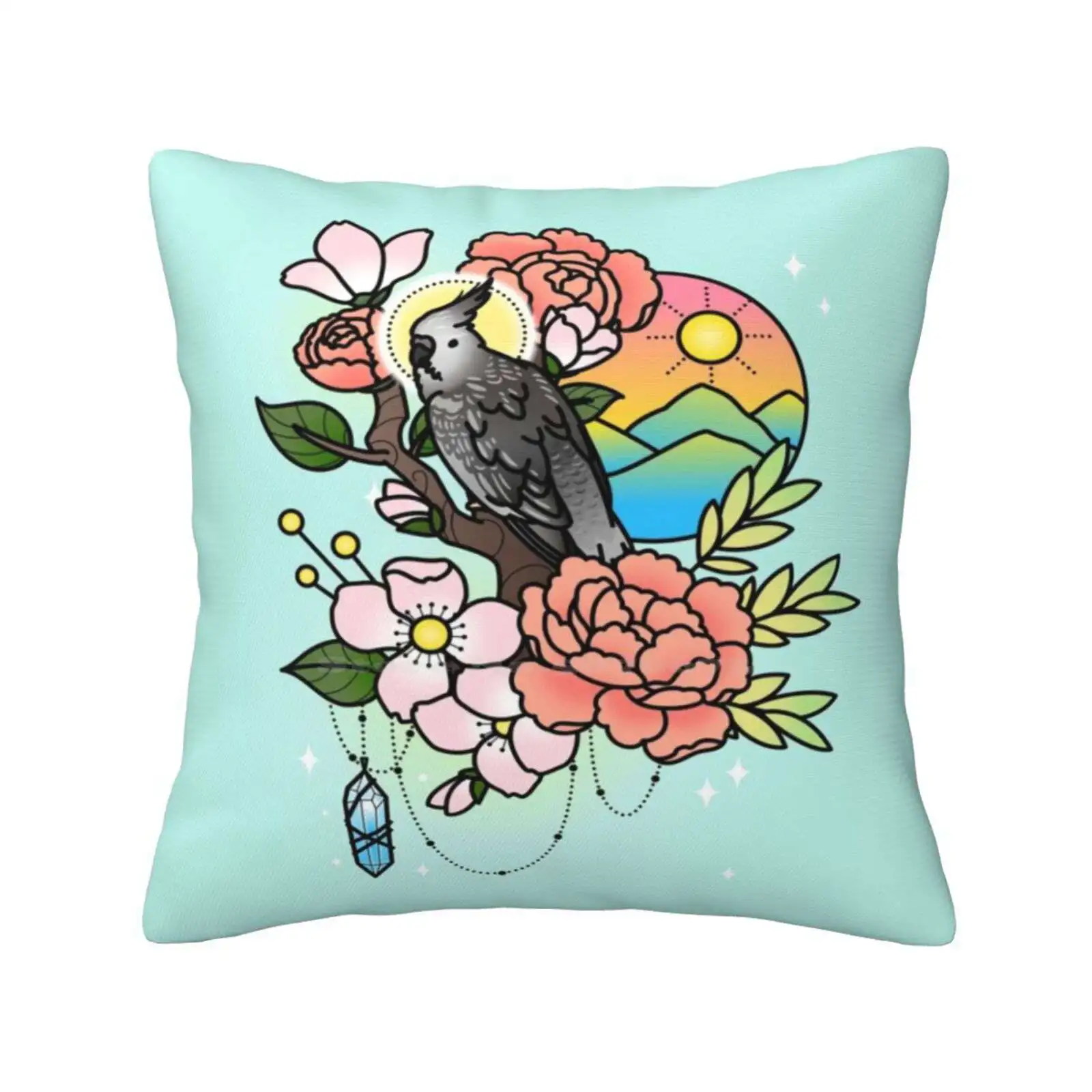 White-Faced Cockatiel Tattoo-Style Pillow Cover Hug Pillowcase Cockatiel Tattoo Flowers Bird Crystal Sunset