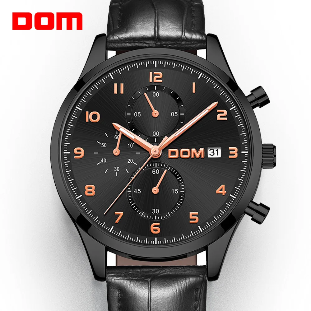 

DOM Men's Sport Watches Black Top Brand Genuine Leather Wrist Watch Man Clock Fashion Chronograph Wristwatch M-637BL-1M