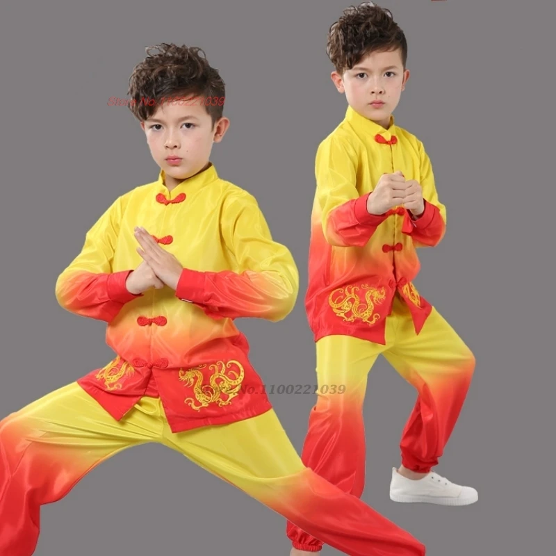 

2025 chinese children traditional tai chi wushu kung fu martial arts set dragon print gradient color wushu training exercise set