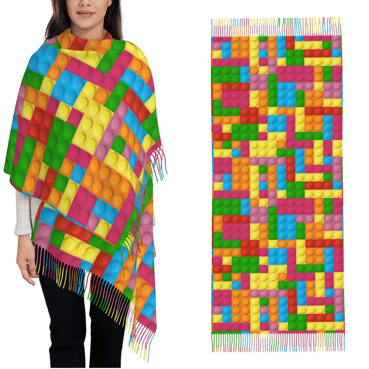 

Мужской и женский шарф, сохраняющий тепло, цветные пластиковые кирпичи, бесшовный узор, большие шарфы с кисточкой, популярные шали и накидка Bufanda