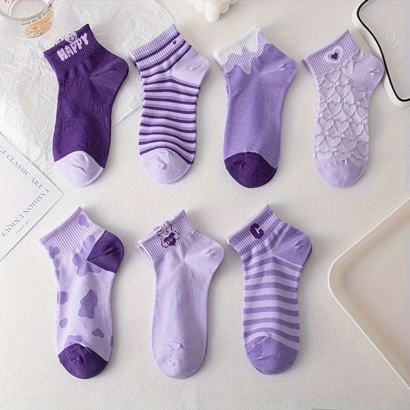 7 Pairs Purple Cartoon Socks Set, Cute and Comfortable Breathable Ankle Socks, Women\'s Casual Socks & Hosiery