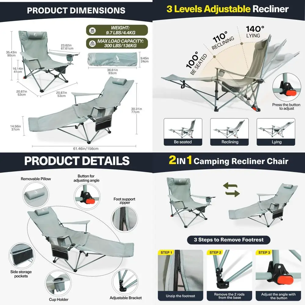 

Portable Reclining Beach Chair with Adjustable Backrest, Comfortable Outdoor Lounger with Cup Holder for Poolside or Lawn Events