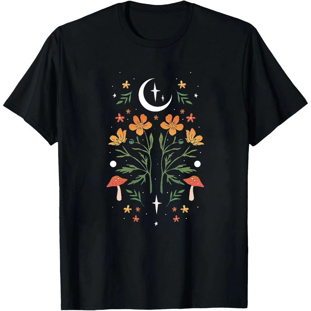 Crescent Moon Wild Poppy Flower Red Mushroom Star Men Summer T Shirt Cottagecore Nature Mystical Casual Holiday Graphic Tee