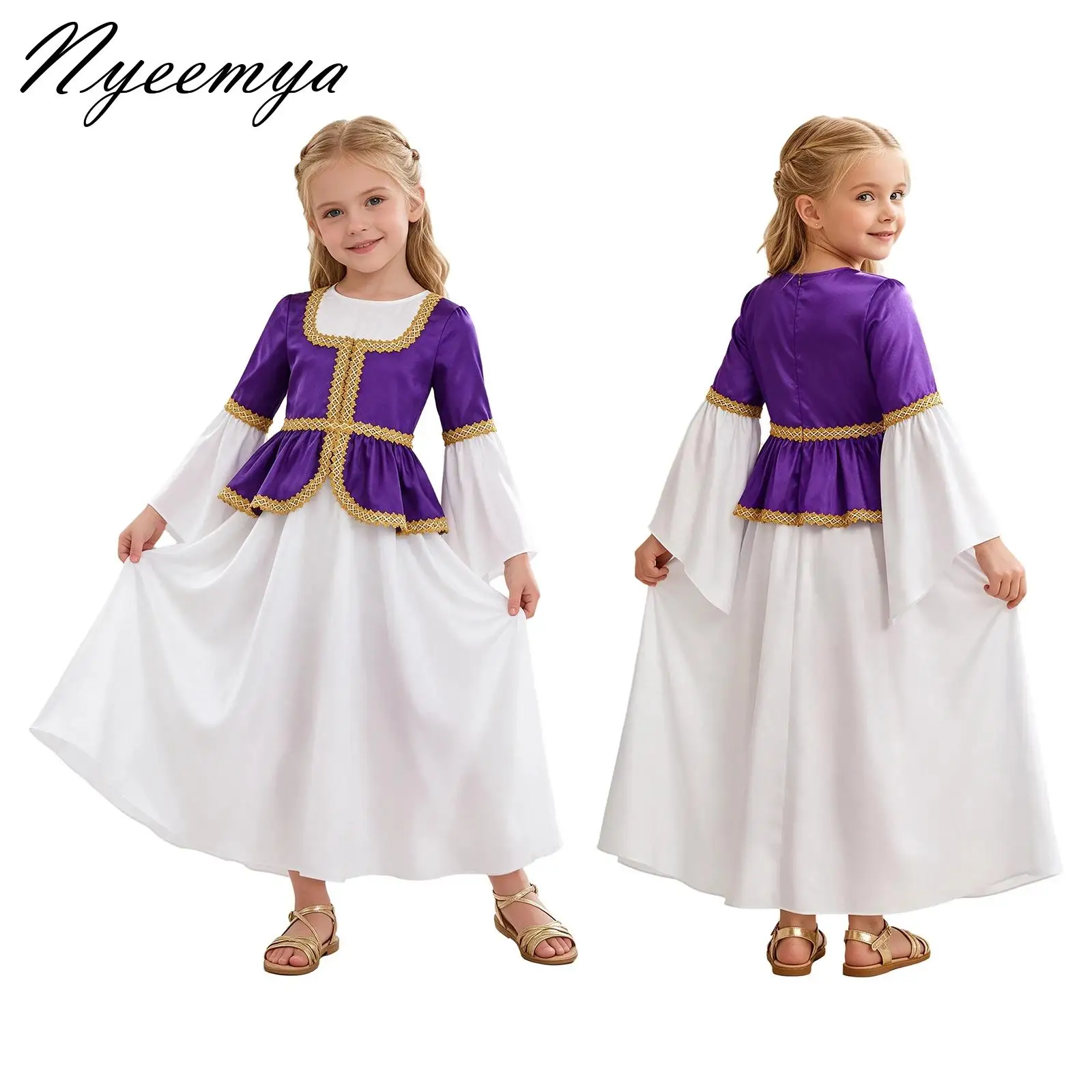 Girls Renaissance Medieval Costume Irish Victorian Vintage Halloween Cosplay Long Flare Sleeve Over Dress Retro Fancy Dress Up
