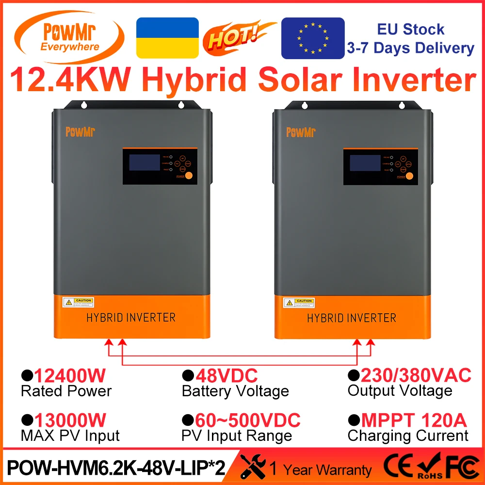 PowMr 12.4KW Hybrid Solar Inverter 48V to 220VAC/380VAC Three-Phase With 120A MPPT Solar Charge Controller Can Parallel 12 Units