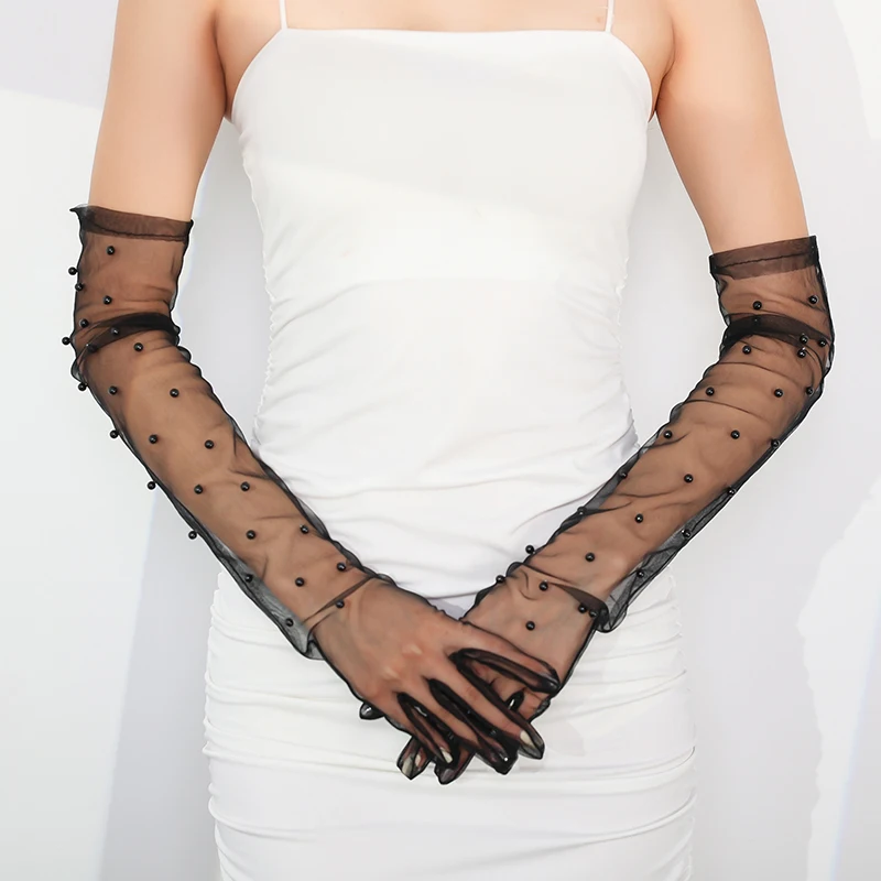 Women Sunscreen Arm Sleeves Black Pearl Transparent Mesh Bride Wedding Dress Long Etiquette Gloves Photo Performance Accessories