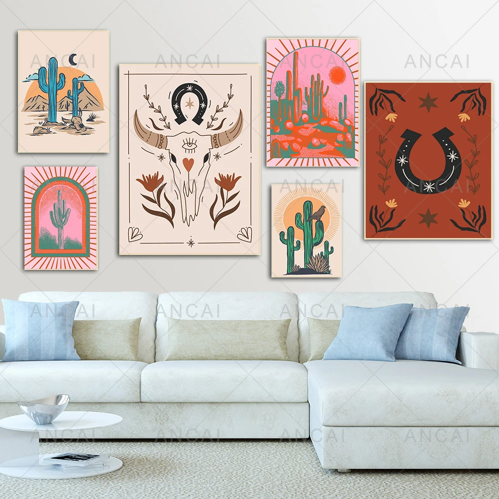 Abstract Landscape Desert Cactus Art Posters Canvas Painting Western Boho Prints Horseshoe Nordic Wall Pictures Home Decor