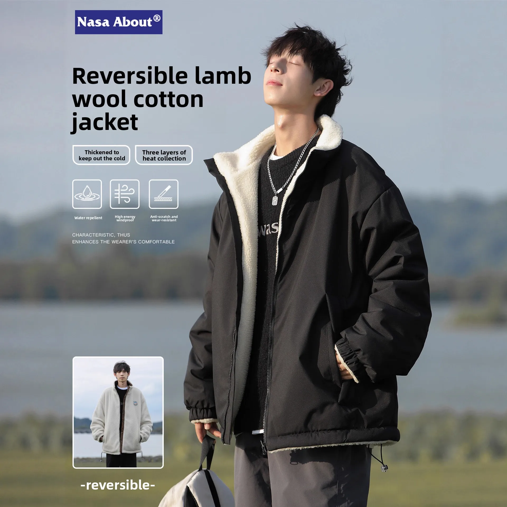

Men's Lamb Fleece Reversible Cotton Jacket, Autumn and Winter 2025 New Thickened Warm Stand Collar Coat