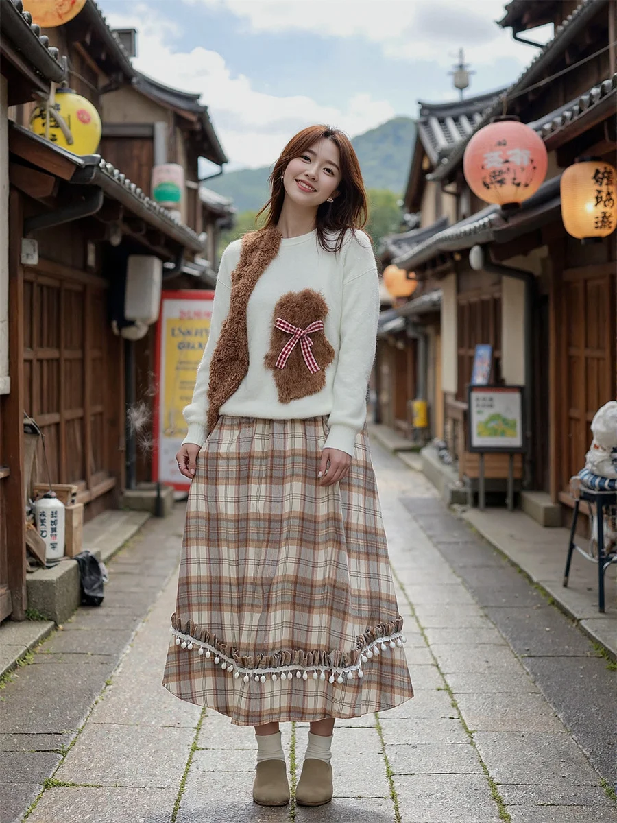 

Plaid Midi Skirts Womens Artistic Bohemian Patchwork Fringe Unique Flowy Festival Holiday Pleats Layered Pleated Vintage