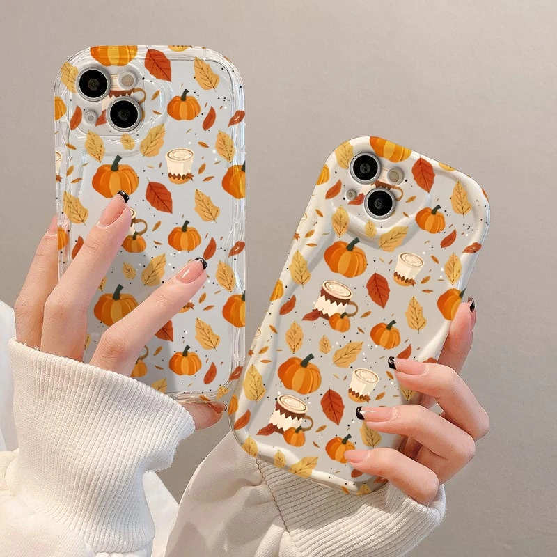 

For iPhone 17 16 15 14 13 12 11 Pro Max XS XR 7 8 Plus 16E 17 Air Phone Case Fall Leaves Pumpkin Cup Shockproof Soft Back Cover