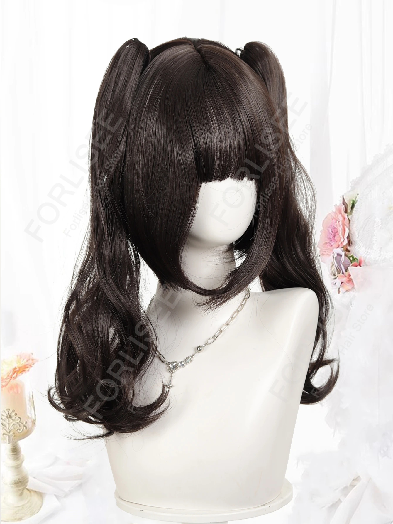 Dubbele paardenstaart Krullend haar Synthetisch Lolita Krullend haar met pony Donkerbruin Anime Pruik Oberl Vrouw Party Cosplay Pruik ﻿ LM